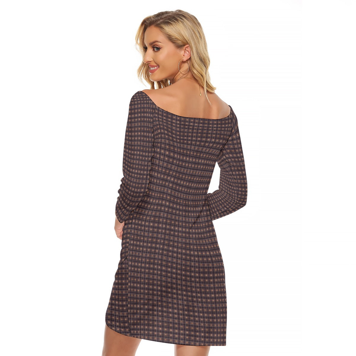 Vampire Art Dark Academia Brown Chequered Vintage Tartan Women's Off-shoulder Long Sleeve Dress