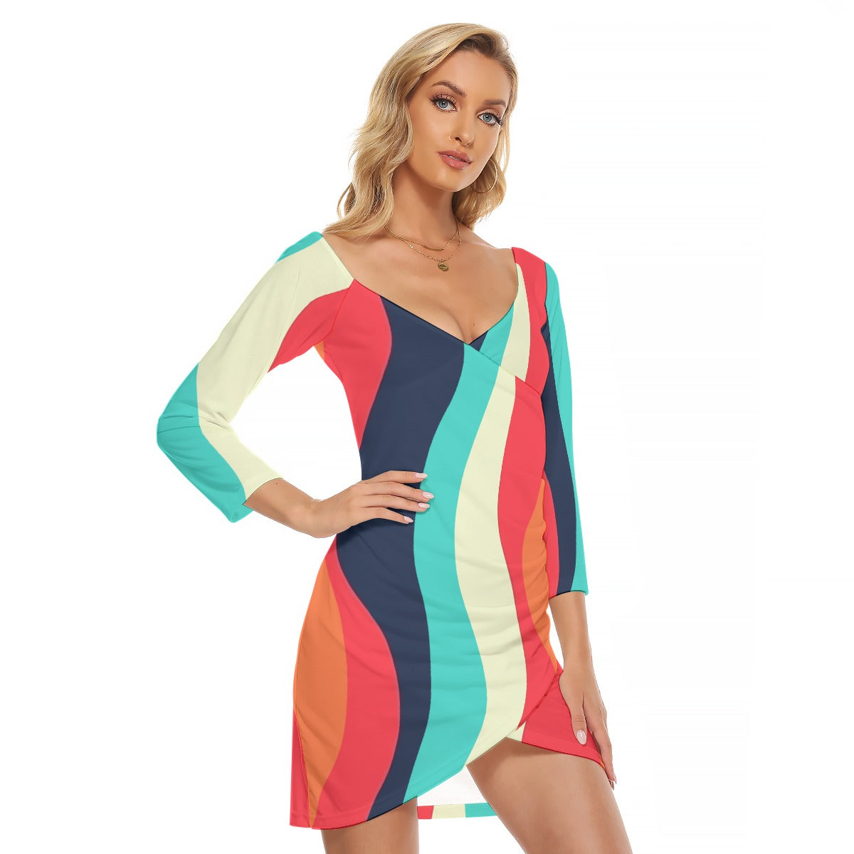 Vampire Art Retro Sixties Multicolour Waves Women's Off-shoulder Long Sleeve Dress