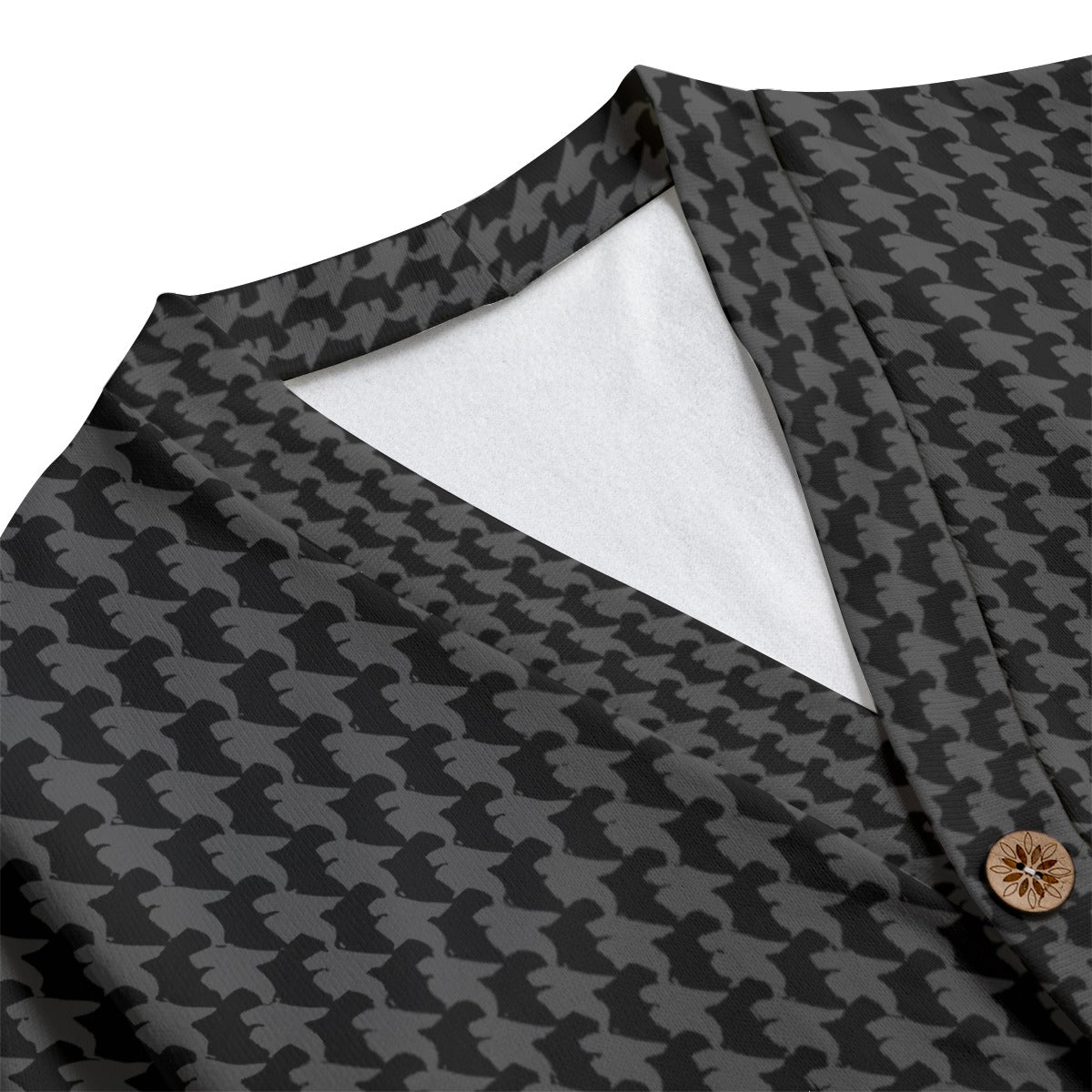 Vampire Art Retro Houndstooth in Black Unisex V-neck Knitted Fleece Cardigan With Button Closure