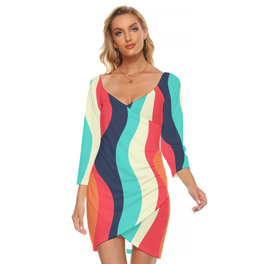 Vampire Art Retro Sixties Multicolour Waves Women's Off-shoulder Long Sleeve Dress