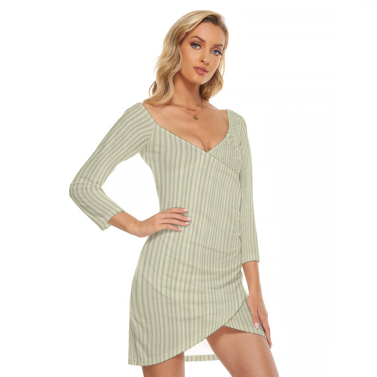 Vampire Art Vintage Grandad Stripes in Khaki Women's Off-shoulder Long Sleeve Dress