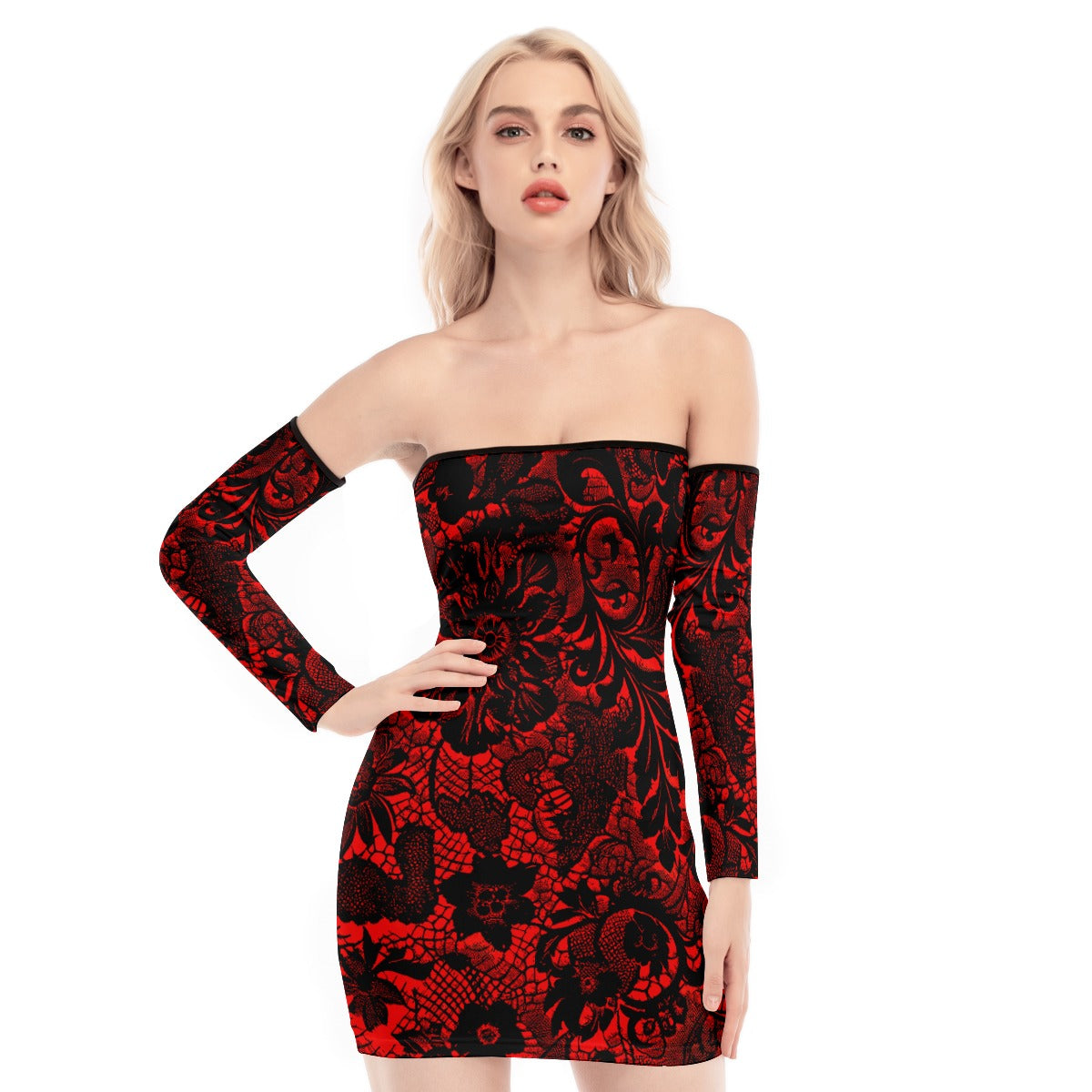 Vampire Art Victorian Red & Black Lace Women's Off-shoulder Back Lace-up Dress