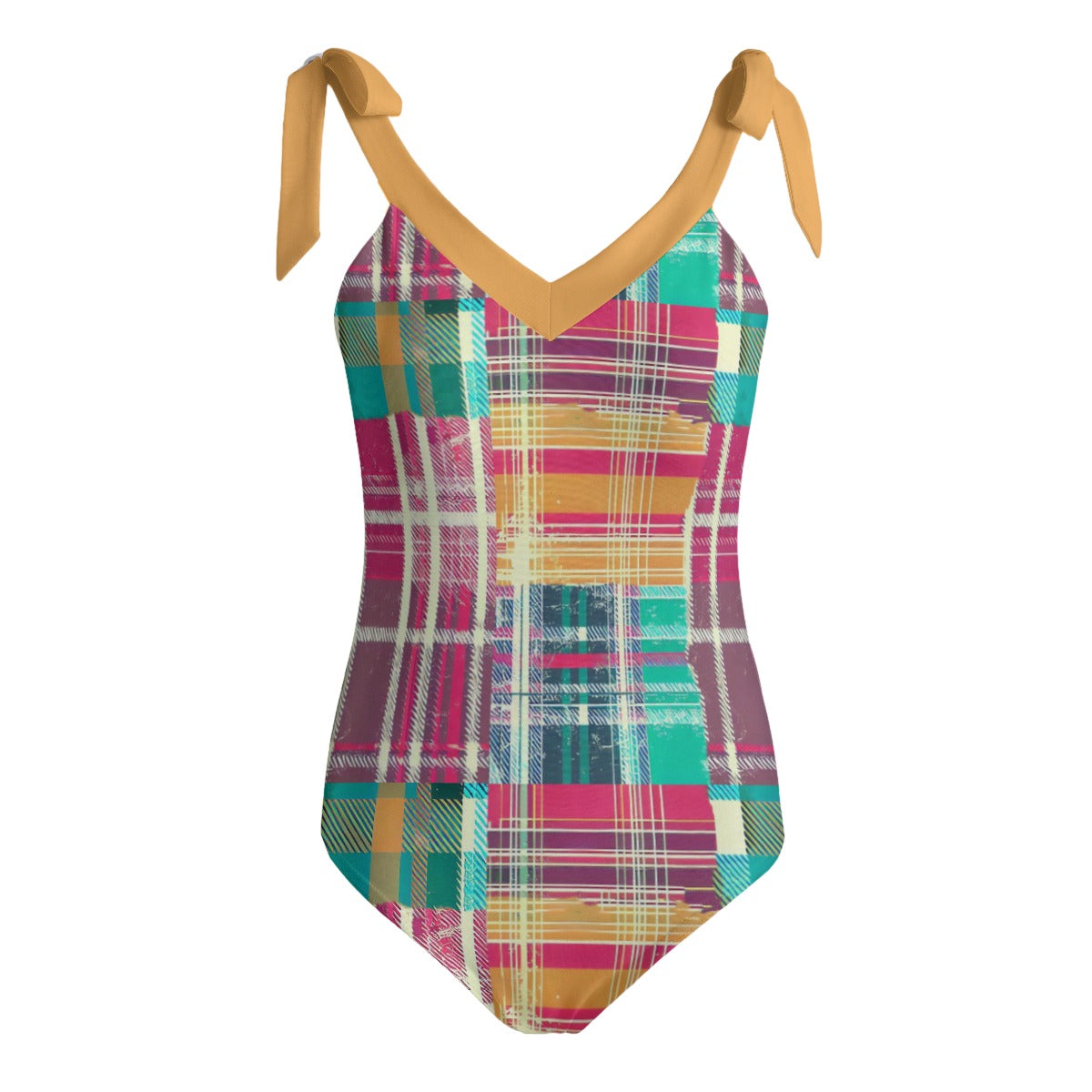 Vampire Art Grunge Patchwork Women's Tie Shoulder One-piece Padded Swimsuit - Colourful Tartan