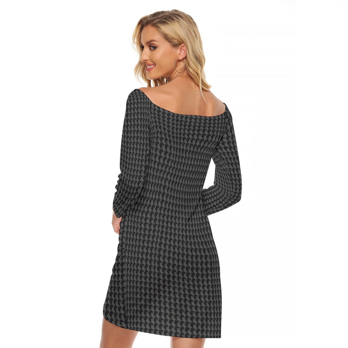 Vampire Art Retro Houndstooth in Black & Charcoal Women's Off-shoulder Long Sleeve Dress