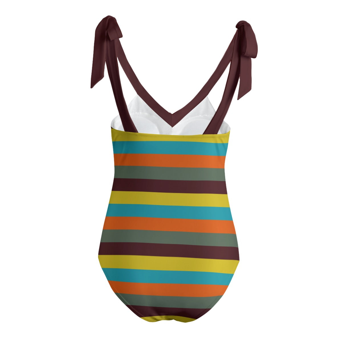Vampire Art Retro Women's Tie Shoulder One-piece Padded Swimsuit - Seventies Stripes with Turquoise