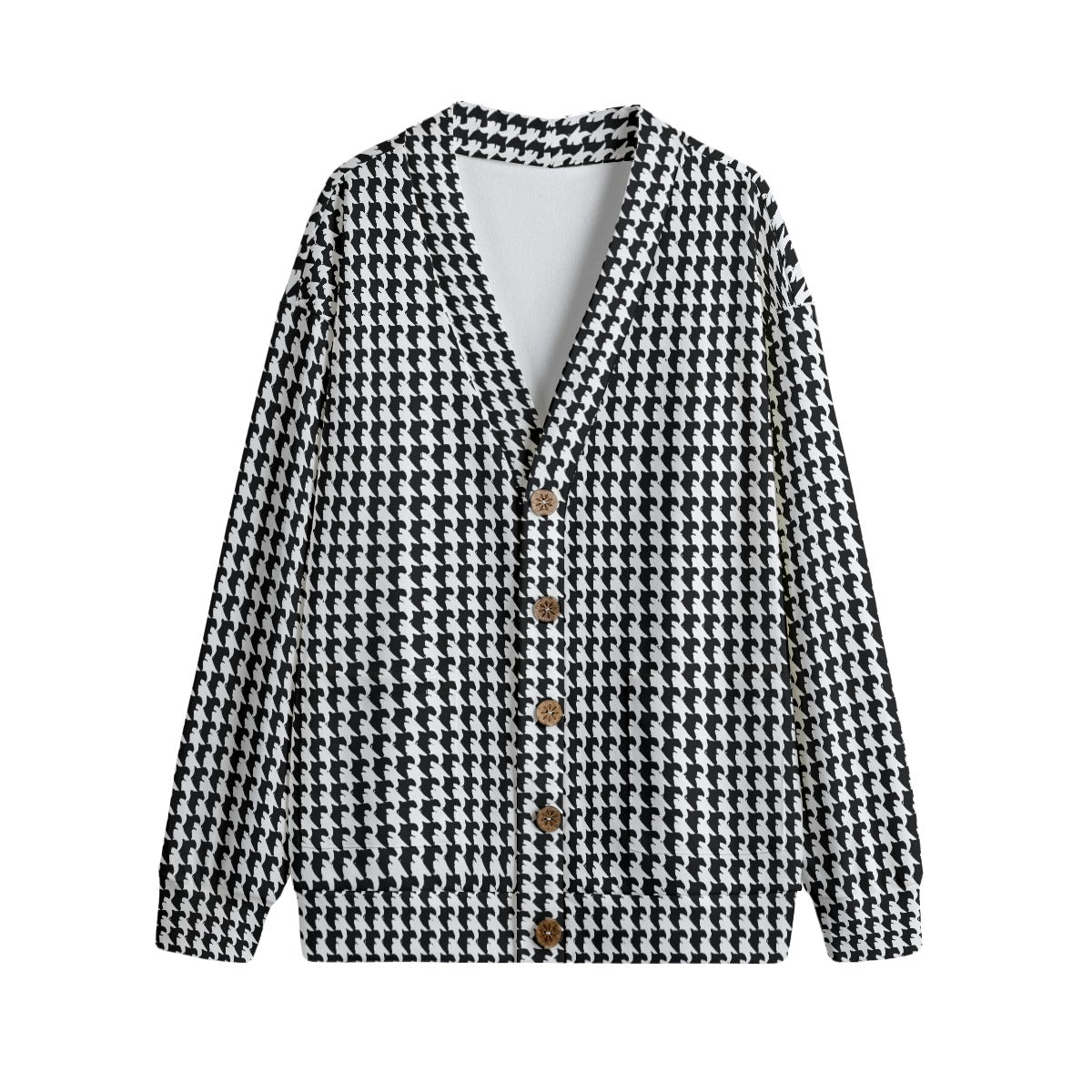 Vampire Art Retro Houndstooth in Black & White Unisex V-neck Knitted Fleece Cardigan With Buttons