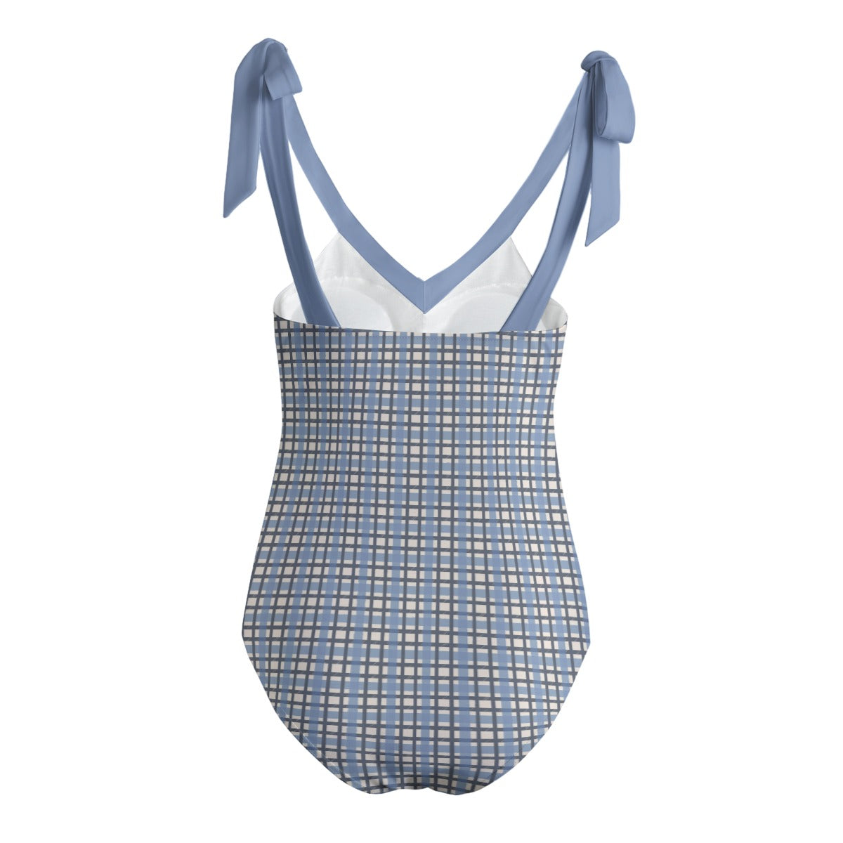 Vampire Art Retro Women's Tie Shoulder One-piece Padded Swimsuit - Two-tone Blue Checkered