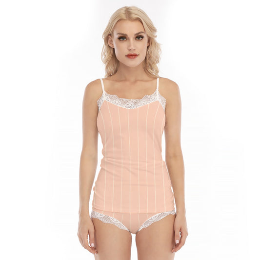 Vampire Art Salmon Pink Retro Striped Women's Pajama Set With Lace Edge