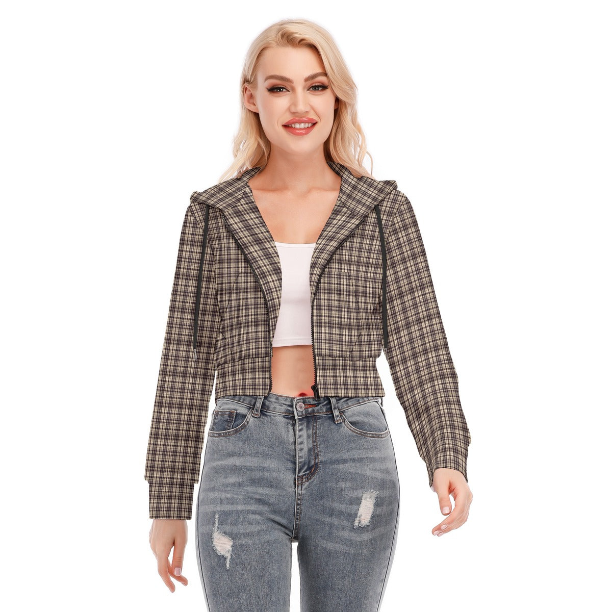 Vampire Art Dark Academia Cream & Black Tartan Women's Crop Top Hoodie With Zipper Closure