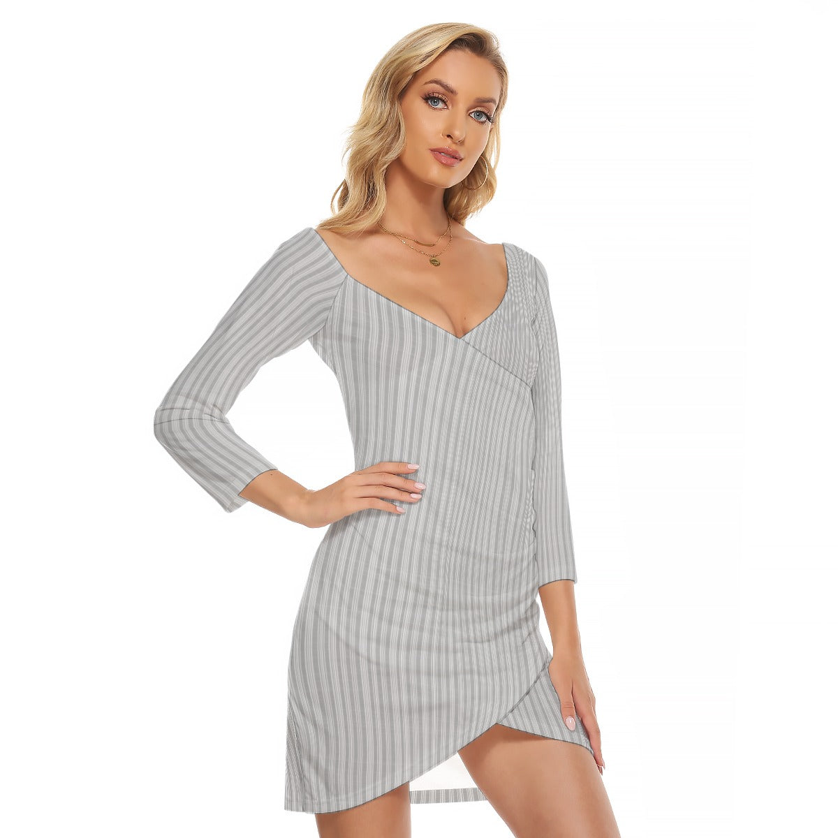 Vampire Art Vintage Grandad Stripes in Grey Women's Off-shoulder Long Sleeve Dress