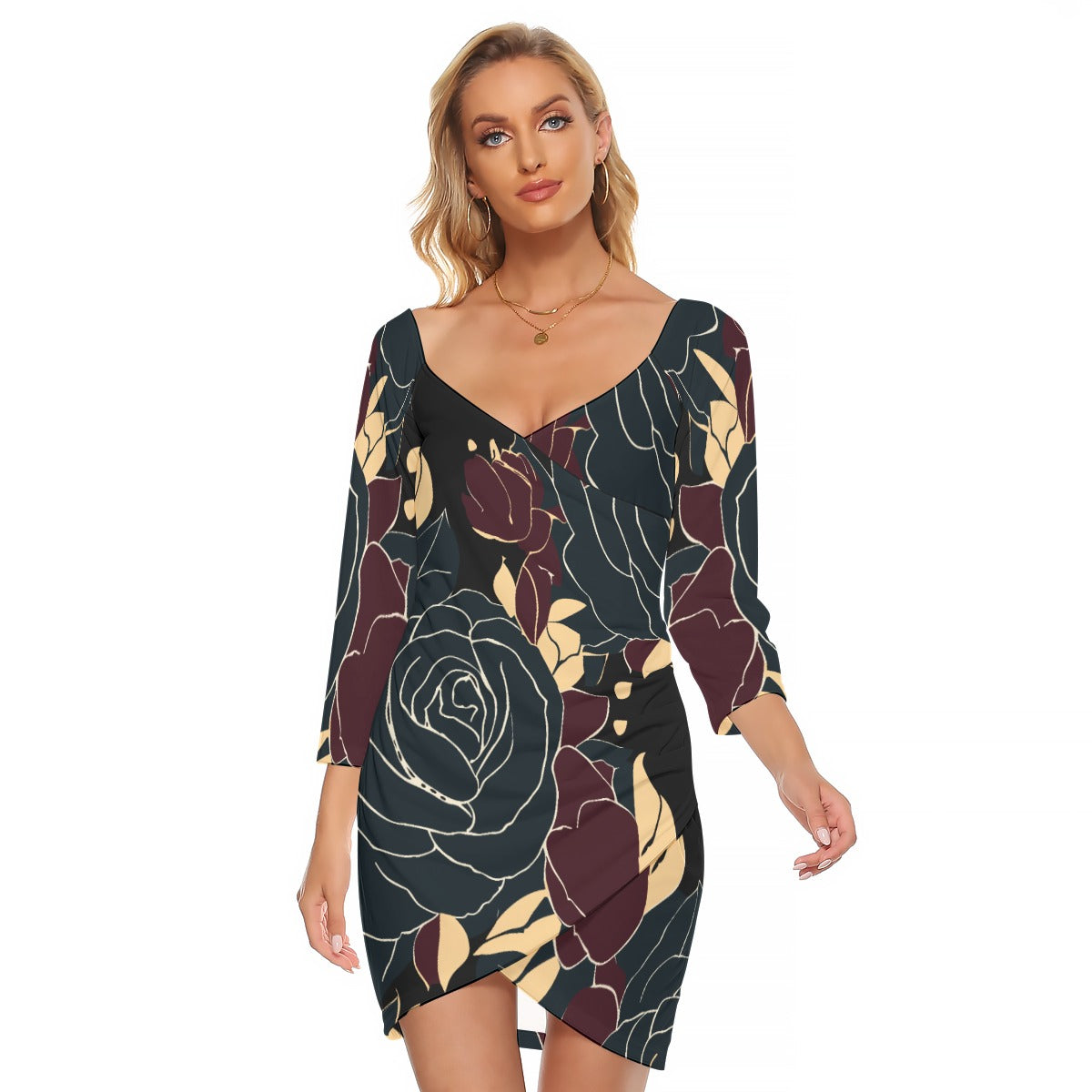 Vampire Art Retro Black and Gold Roses Women's Off-shoulder Long Sleeve Dress