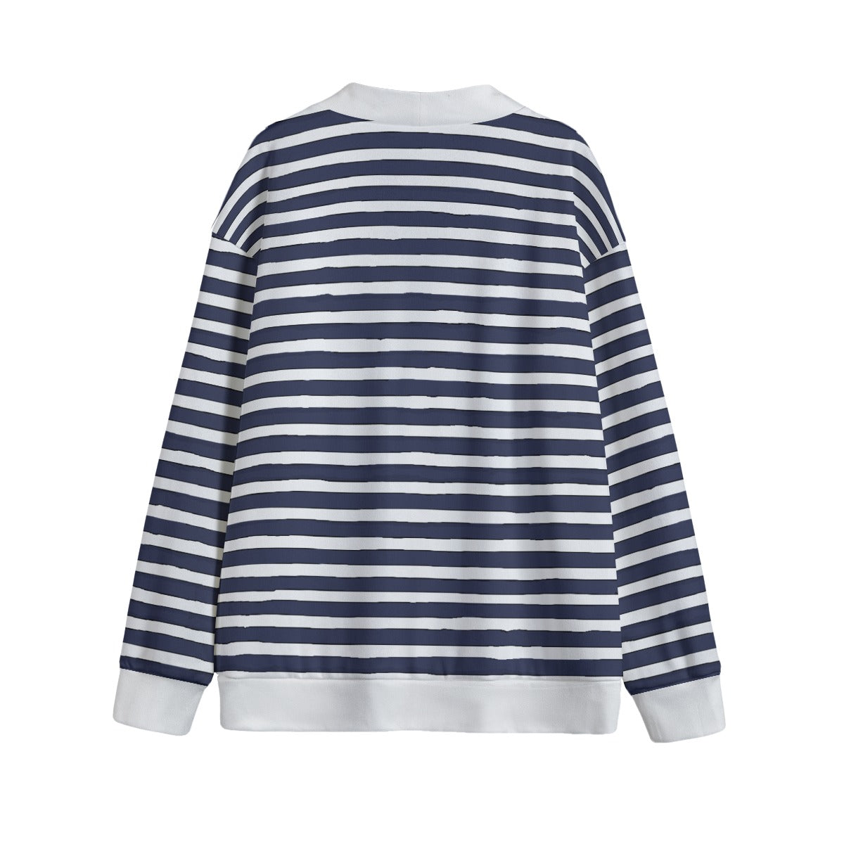 Vampire Art Irregular Breton Stripes Navy & White Unisex V-neck Knitted Fleece Cardigan With Buttons