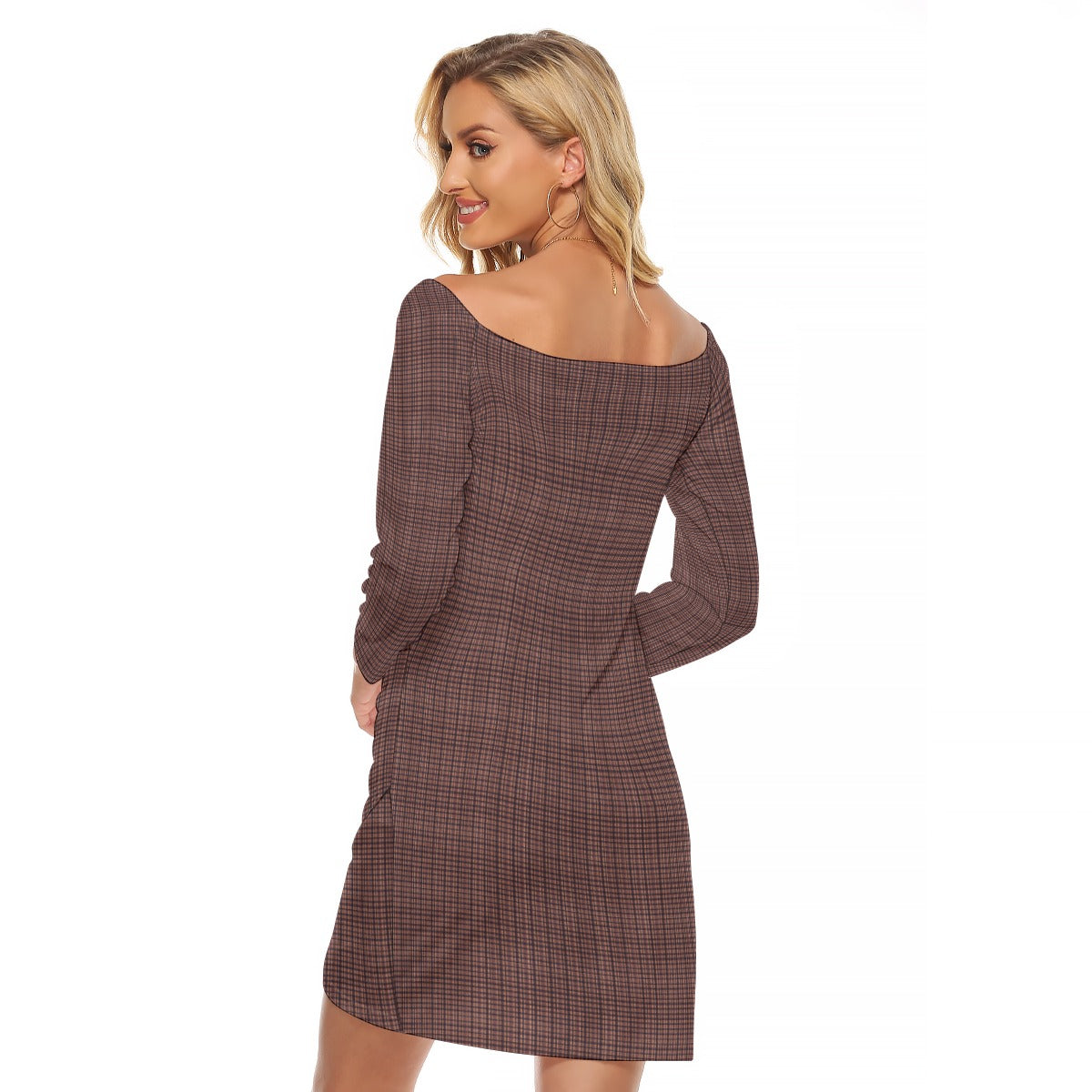 Vampire Art Dark Academia Brown Vintage Tartan Women's Off-shoulder Long Sleeve Dress