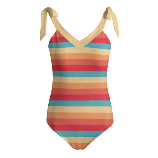 Vampire Art Retro Women's Tie Shoulder One-piece Padded Swimsuit - Seventies Stripes with Cream and Red