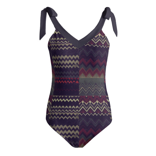 Vampire Art Grunge Patchwork Women's Tie Shoulder One-piece Padded Swimsuit - Herringbone with Red