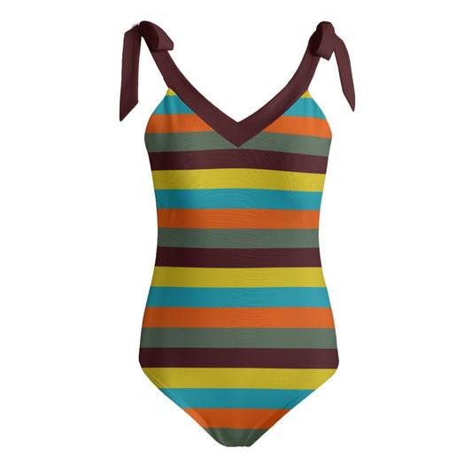 Vampire Art Retro Women's Tie Shoulder One-piece Padded Swimsuit - Seventies Stripes with Turquoise