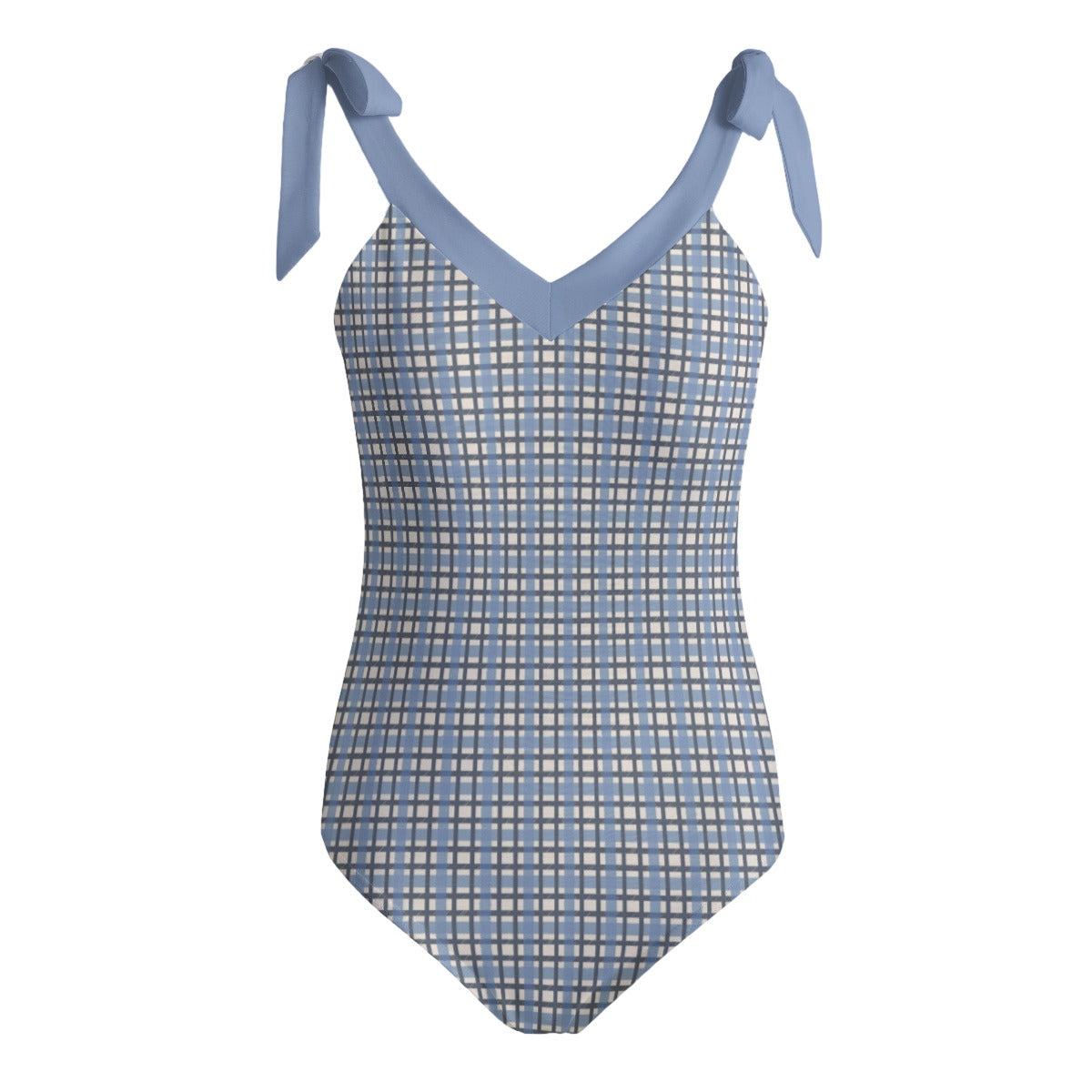 Vampire Art Retro Women's Tie Shoulder One-piece Padded Swimsuit - Two-tone Blue Checkered