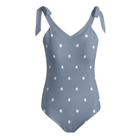 Vampire Art Retro Women's Tie Shoulder One-piece Padded Swimsuit - Retro Polka Dot in Grey