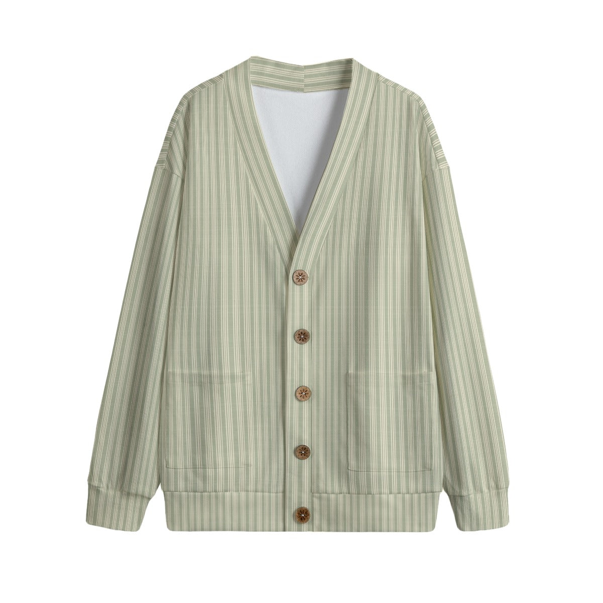 Vampire Art Vintage Grandad Stripes in Khaki Cottagecore Unisex V-neck Knitted Fleece Cardigan With Buttons