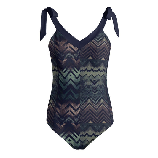 Vampire Art Grunge Patchwork Women's Tie Shoulder One-piece Padded Swimsuit - Herringbone in Green and Brown