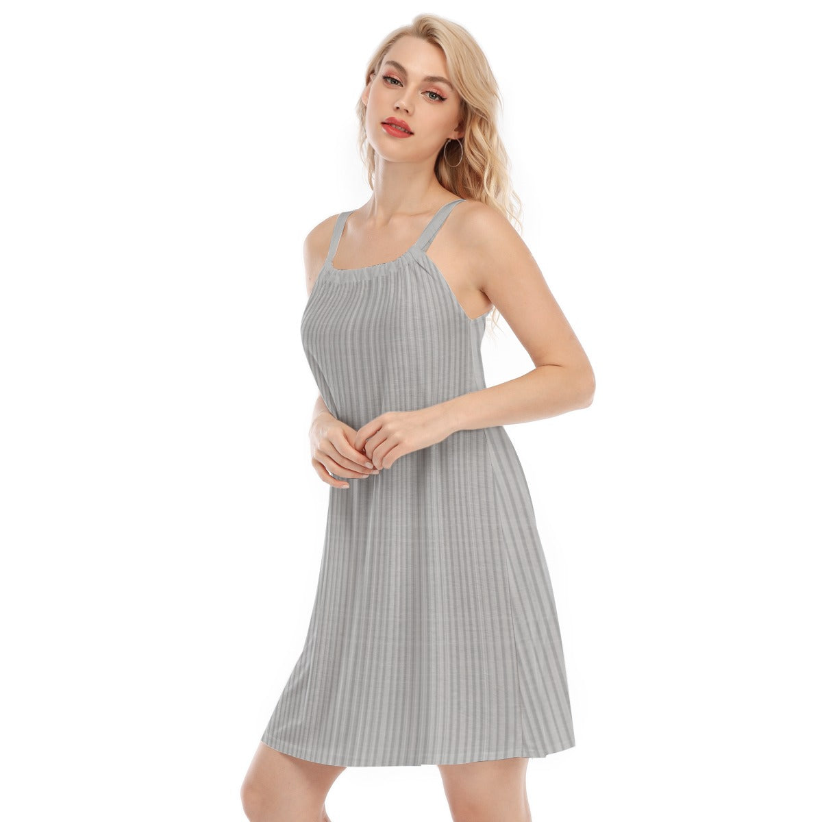 Vampire Art Cottagecore Women's Sleeveless Cami Dress - Grandad Retro Stripes in Grey