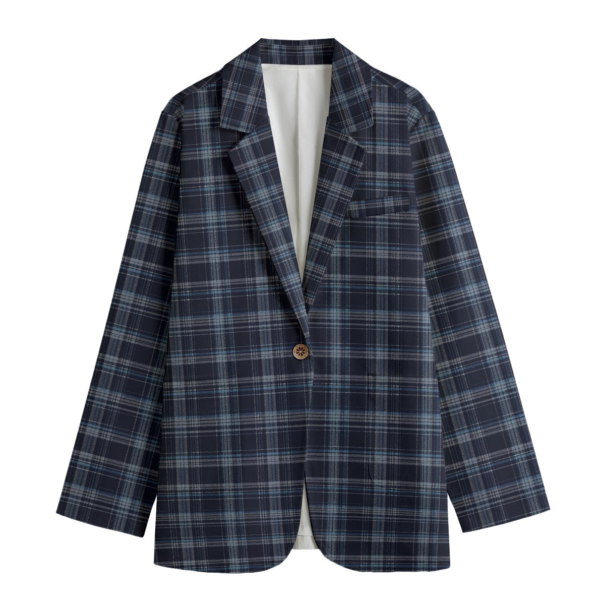 Vampire Art 100% Cotton Dark Academia Grey & Blue Tartan Women's Leisure Blazer | 245GSM Cotton