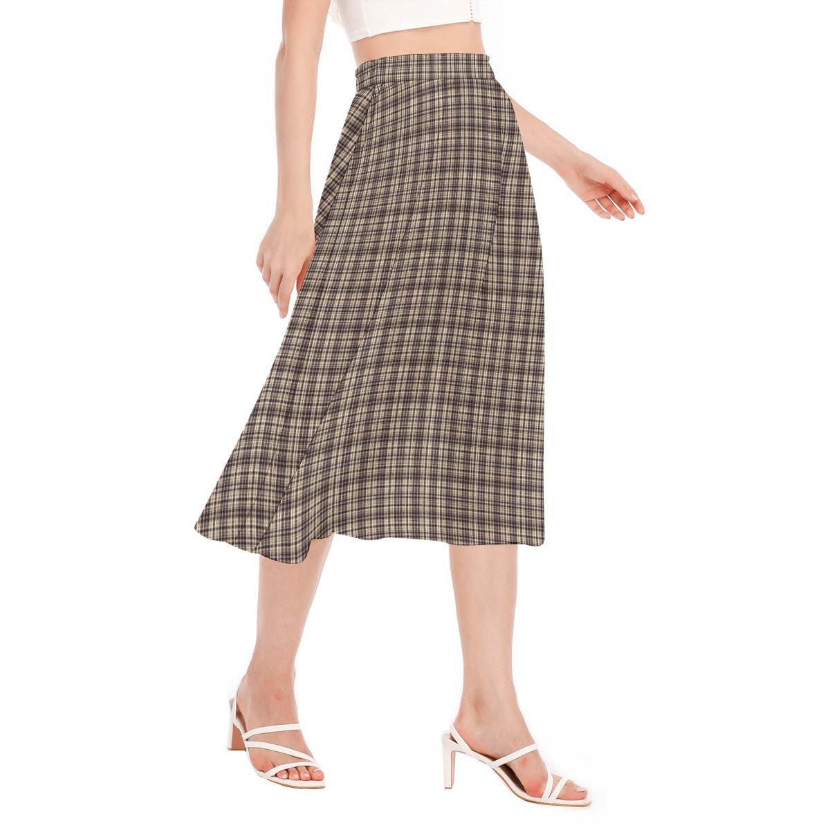 Vampire Art Dark Academia Cream & Black Vintage Tartan Women's Long Section Chiffon Skirt