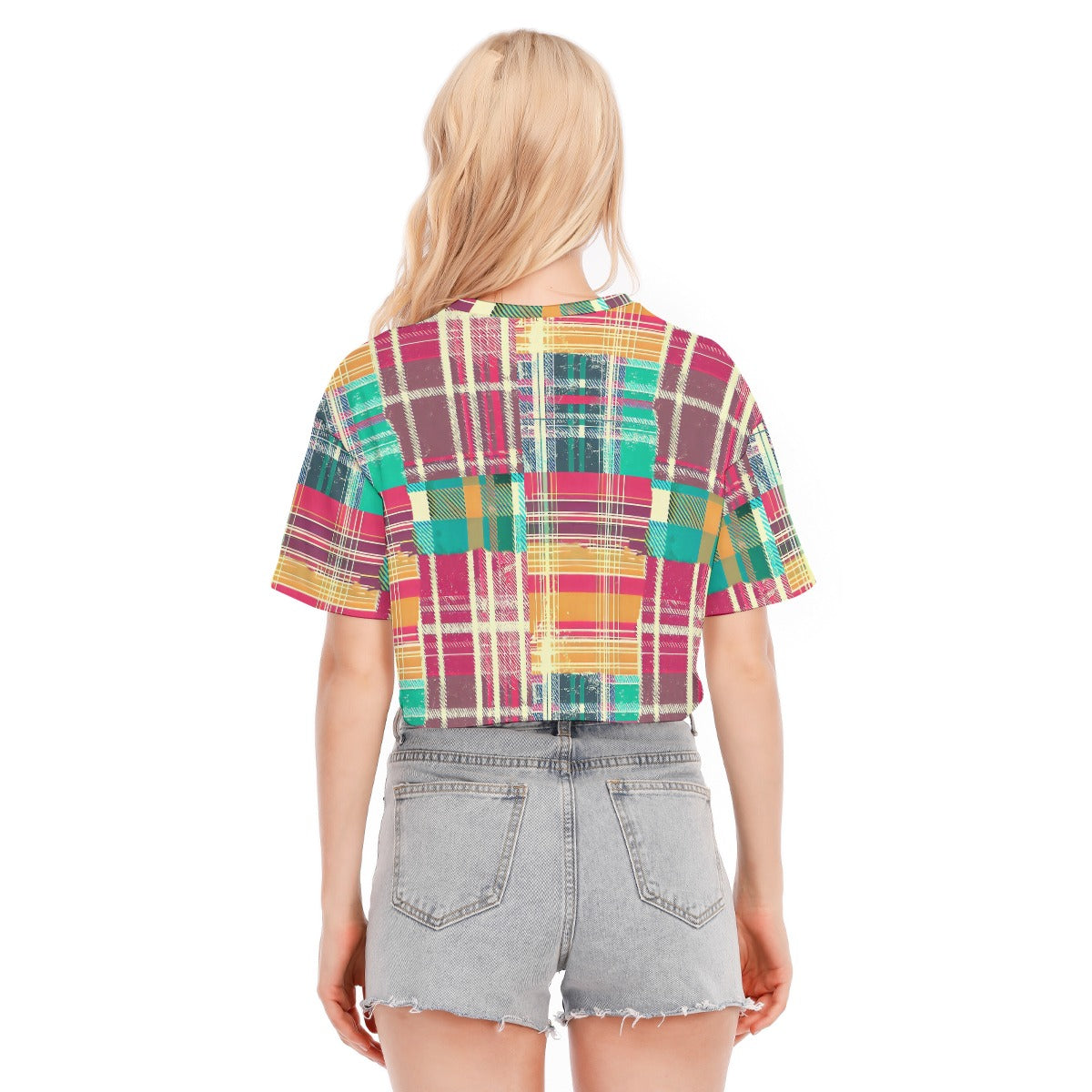 Vampire Art Grunge Patchwork Women's Cropped T-shirt 100% Cotton - Colourful Tartan