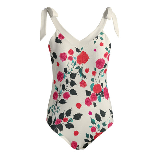 Vampire Art Retro Women's Tie Shoulder One-piece Padded Swimsuit - Coquette Floral in Cream