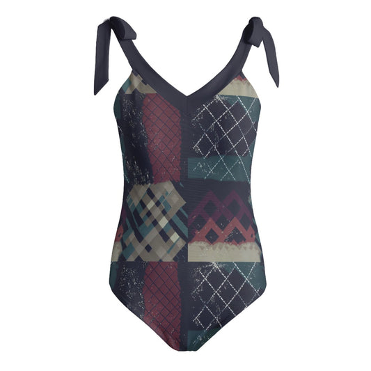 Vampire Art Grunge Patchwork Women's Tie Shoulder One-piece Padded Swimsuit - Mesh