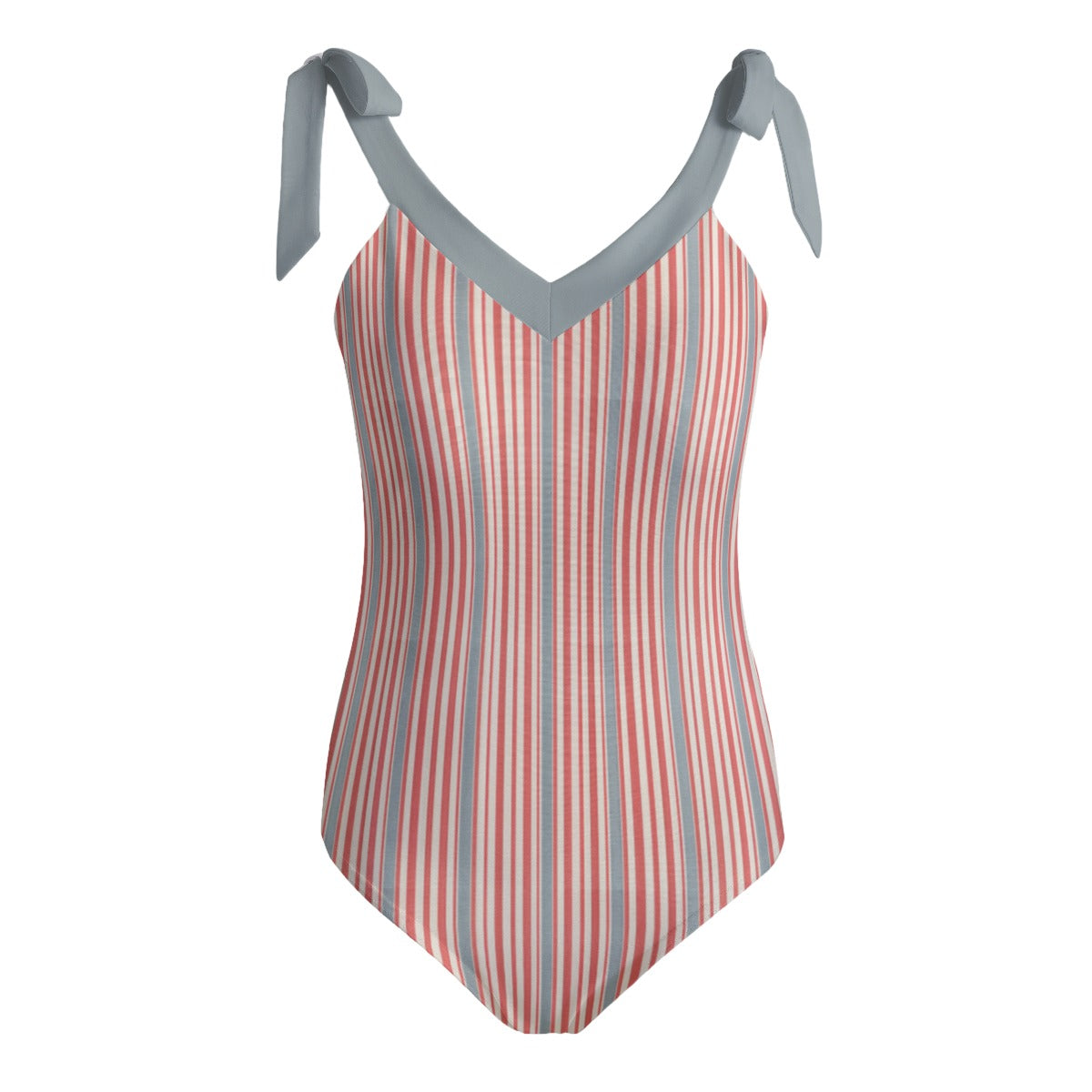 Vampire Art Retro Women's Tie Shoulder One-piece Padded Swimsuit - Lacanau Red Cream and Grey Blue