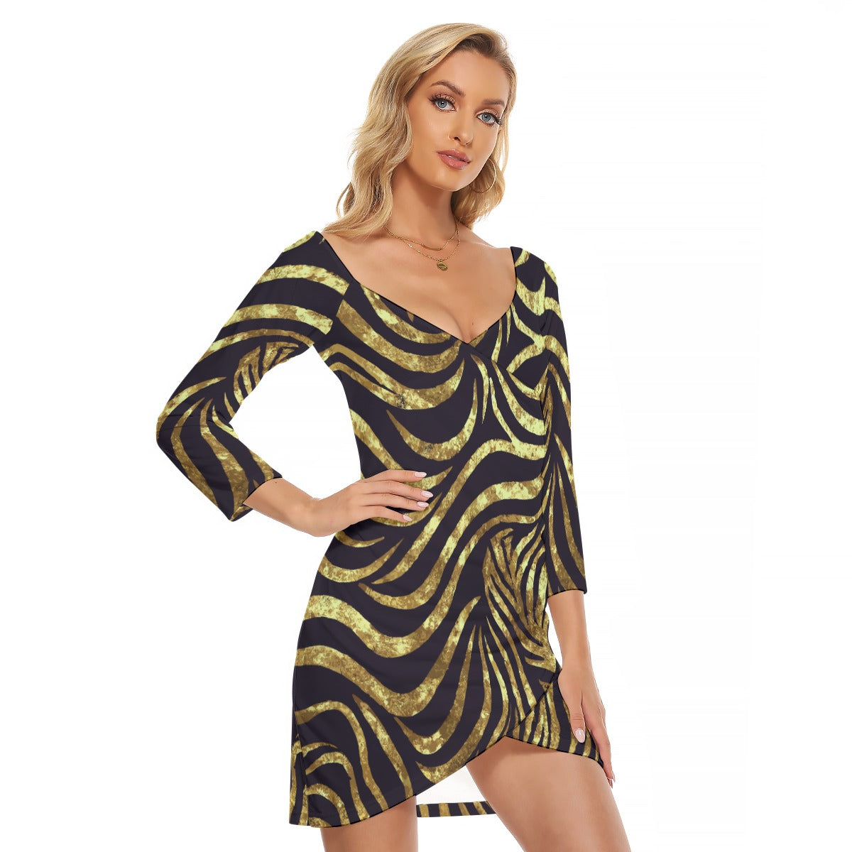 Vampire Art Grunge Black and Gold Zebra Women's Off-shoulder Long Sleeve Dress