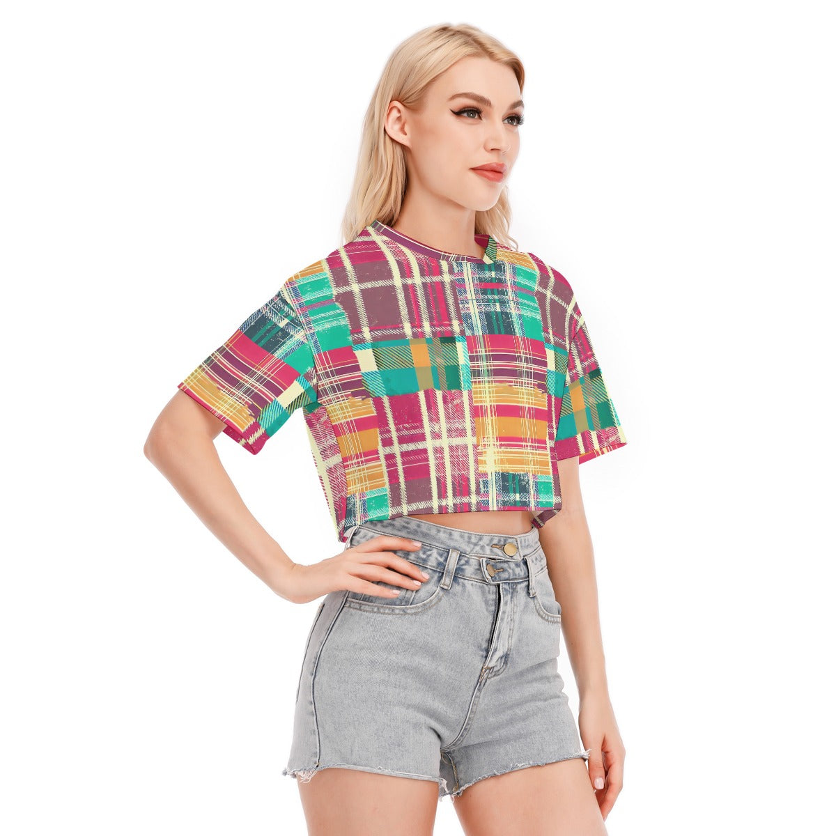 Vampire Art Grunge Patchwork Women's Cropped T-shirt 100% Cotton - Colourful Tartan