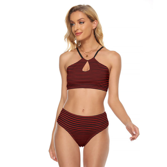 Vampire Art Preppy Devil Black and Red Stripy Women's Cami Keyhole One-piece Bikini Swimsuit