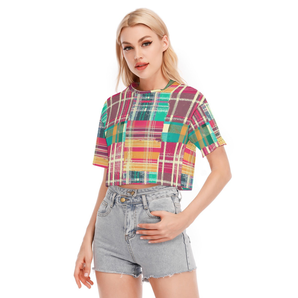 Vampire Art Grunge Patchwork Women's Cropped T-shirt 100% Cotton - Colourful Tartan