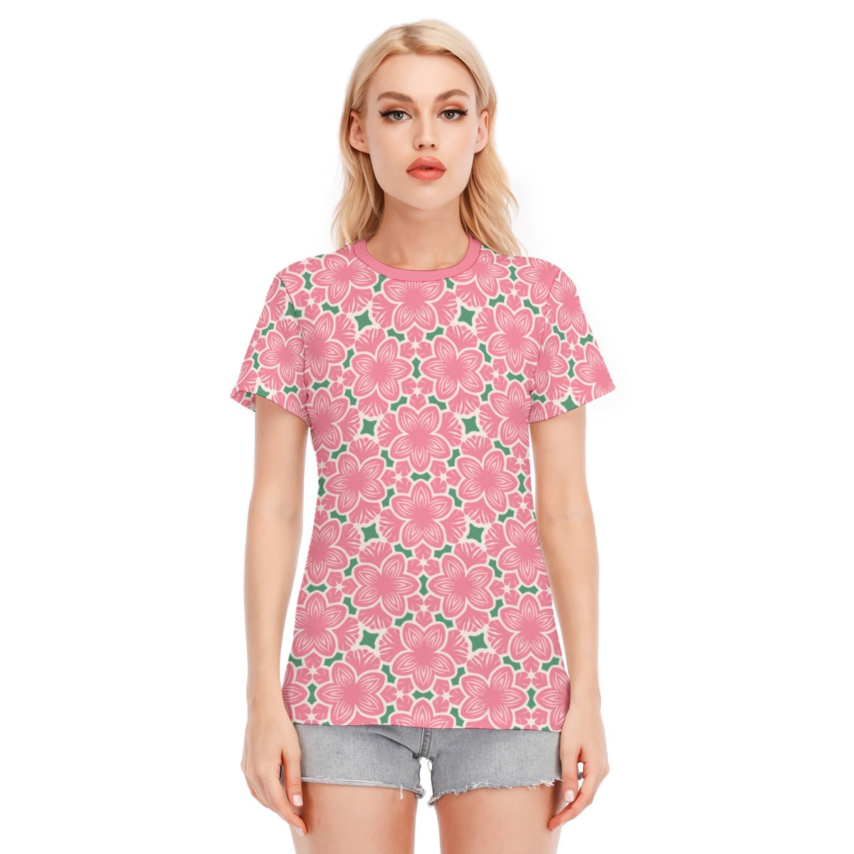 Vampire Art Pink Retro Sixties Surf Floral Women's Round Neck T-Shirt | 190GSM Cotton