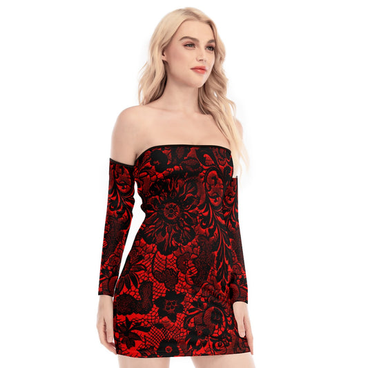 Vampire Art Victorian Red & Black Lace Women's Off-shoulder Back Lace-up Dress