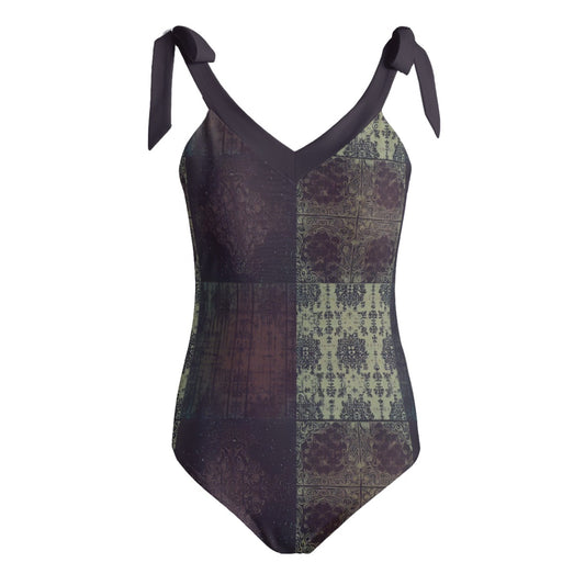 Vampire Art Grunge Patchwork Women's Tie Shoulder One-piece Padded Swimsuit - Brown and Beige Seattle