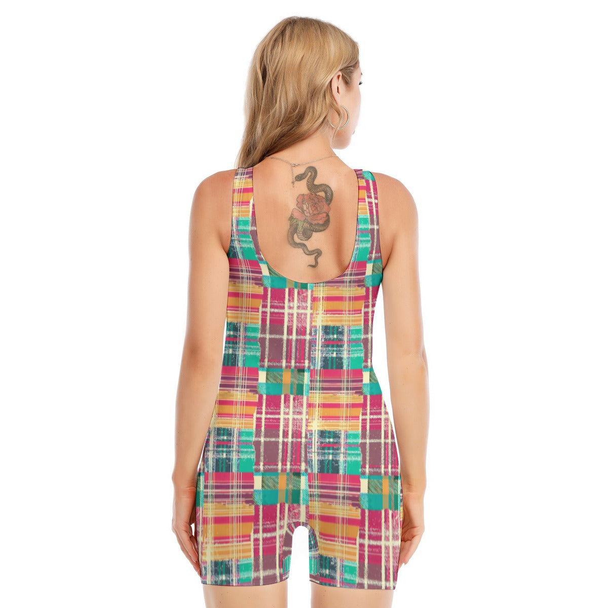 Vampire Art Women's Sleeveless One-piece Boyleg Swimsuit - Multicolour Grunge Tartan Patchwork