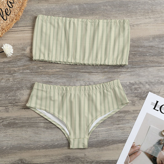 Vampire Art Vintage Grandad Stripes in Khaki Green Women's Strapless Bikini Swimsuit