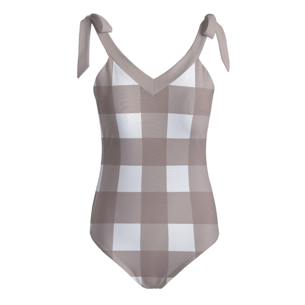 Vampire Art Retro Women's Tie Shoulder One-piece Padded Swimsuit - Beige Gingham