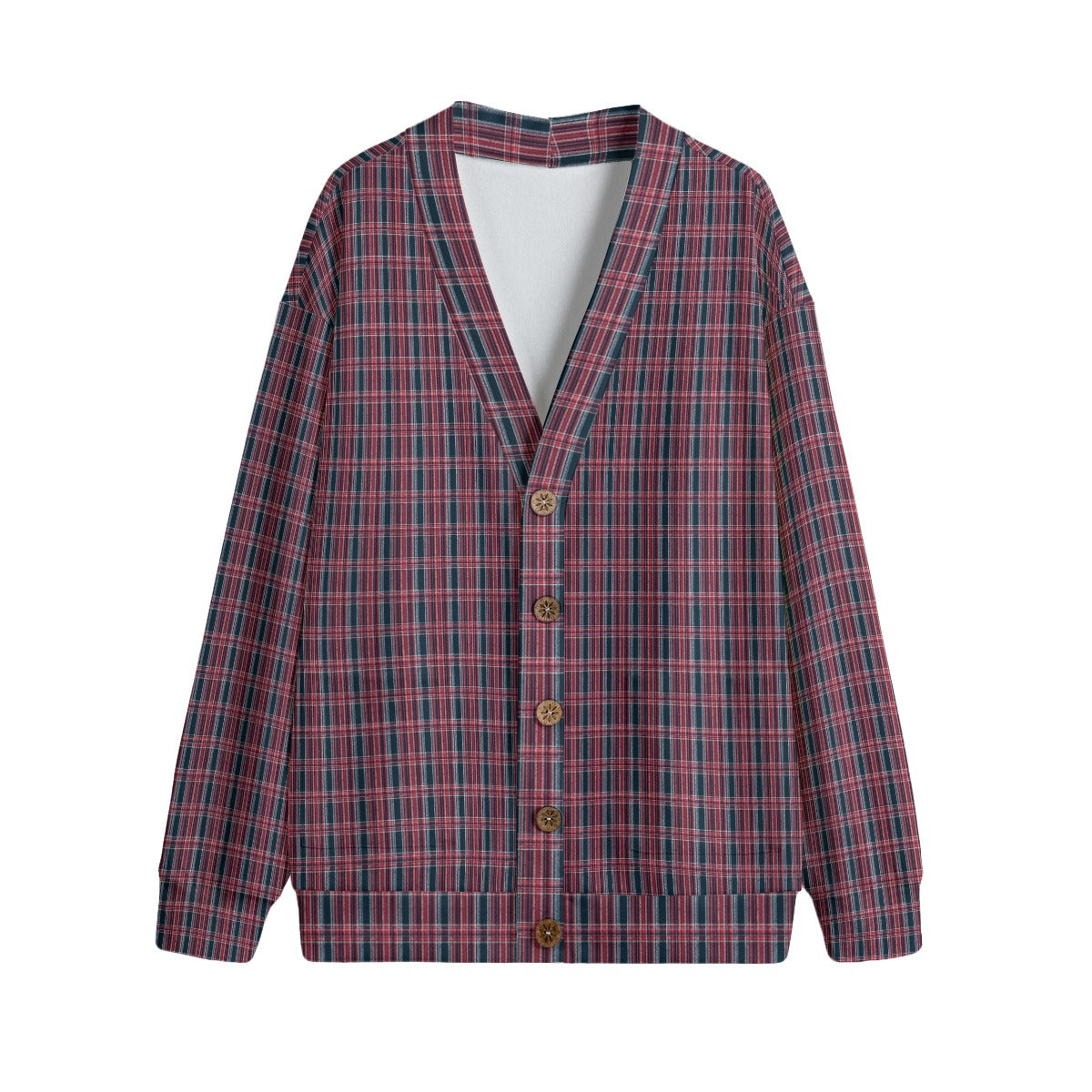 Vampire Art Dark Academia Navy & Red Tartan Unisex V-neck Knitted Fleece Cardigan With Buttons