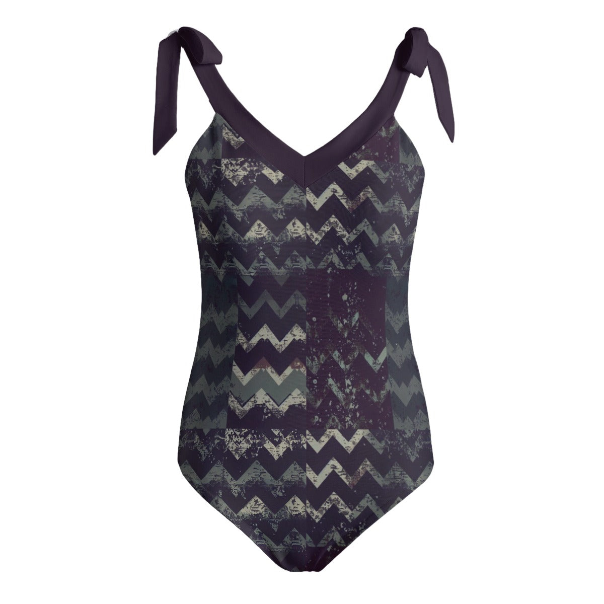 Vampire Art Grunge Patchwork Women's Tie Shoulder One-piece Padded Swimsuit - Dark Herringbone