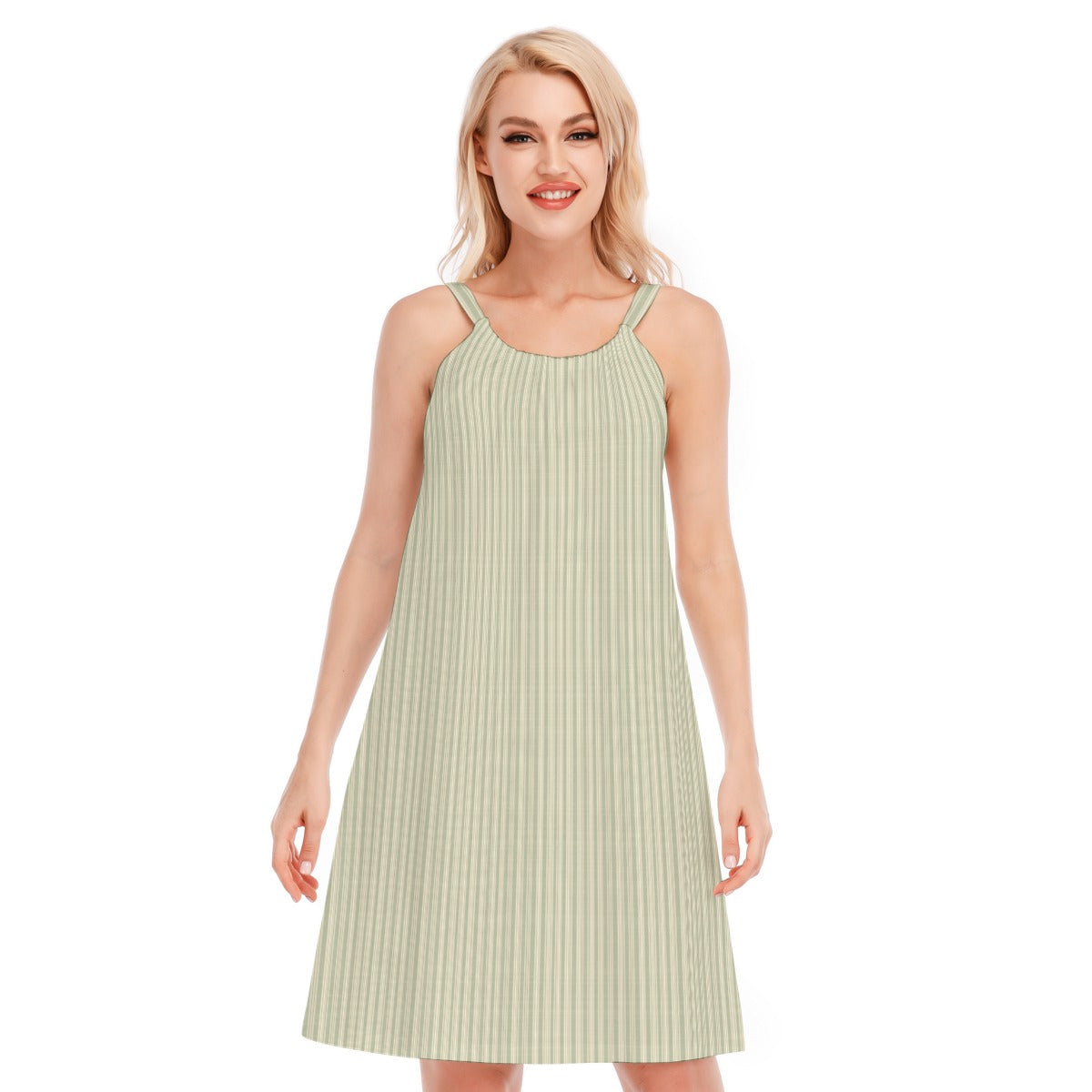 Vampire Art 100% Cotton Grandad Khaki Stripy Pattern Women's O-neck Cami Dress | 190GSM Cotton