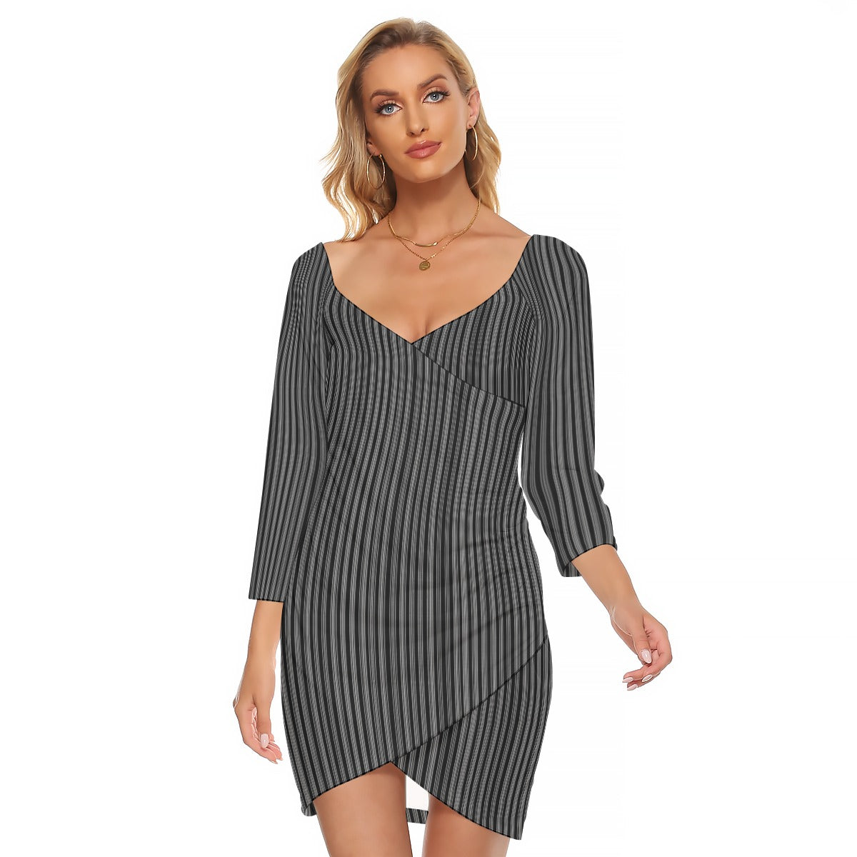 Vampire Art Vintage Grandad Stripes in Black Women's Off-shoulder Long Sleeve Dress