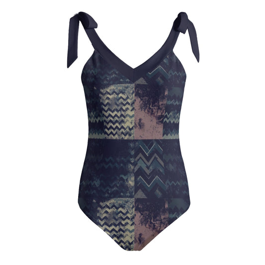 Vampire Art Grunge Patchwork Women's Tie Shoulder One-piece Padded Swimsuit - Herringbone