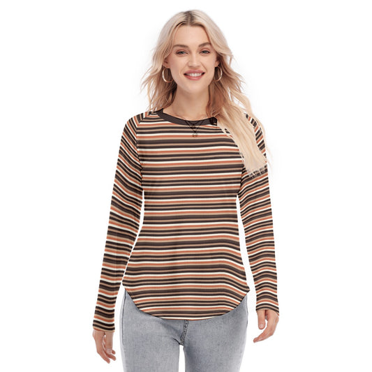 Vampire Art Brown Seventies Stripes Grunge Women's Raglan Sleeves U-Shaped Hem Long Sleeves Blouse