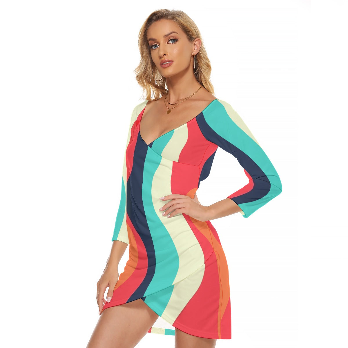 Vampire Art Retro Sixties Multicolour Waves Women's Off-shoulder Long Sleeve Dress