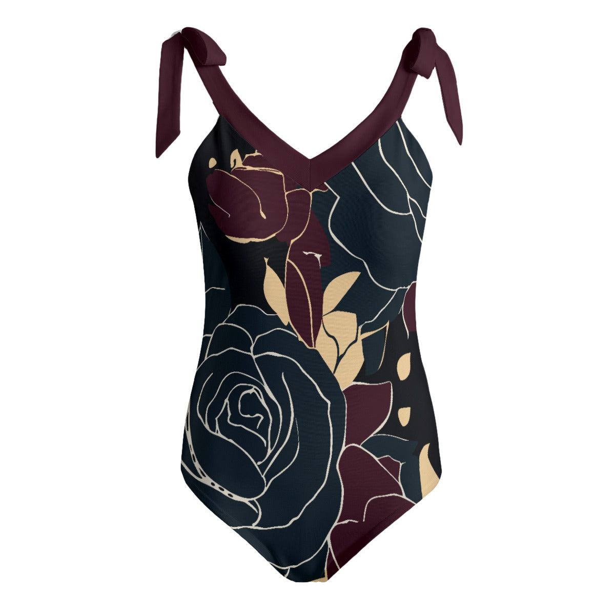 Vampire Art Retro Women's Tie Shoulder One-piece Padded Swimsuit - Retro Roses in Black and Gold