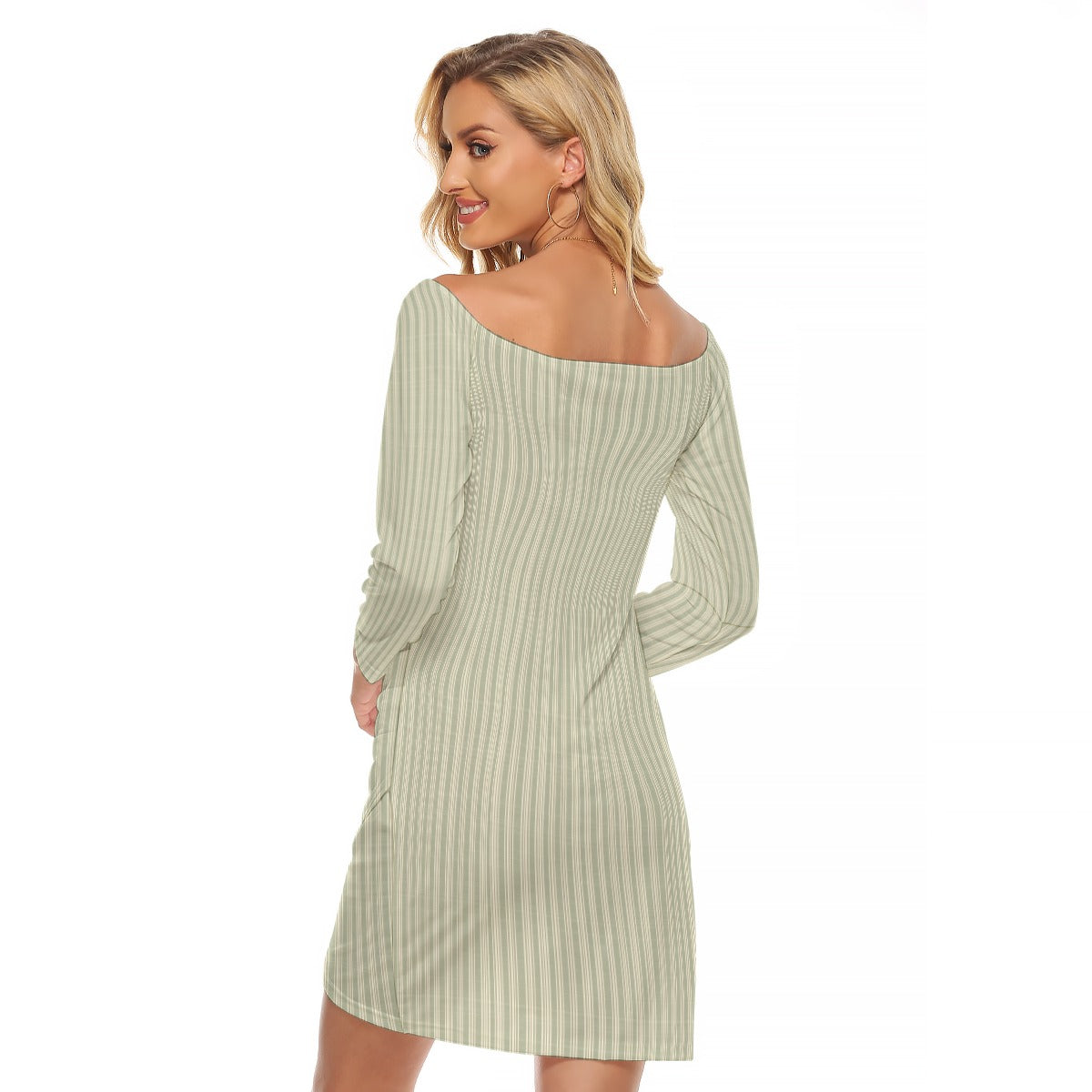 Vampire Art Vintage Grandad Stripes in Khaki Women's Off-shoulder Long Sleeve Dress